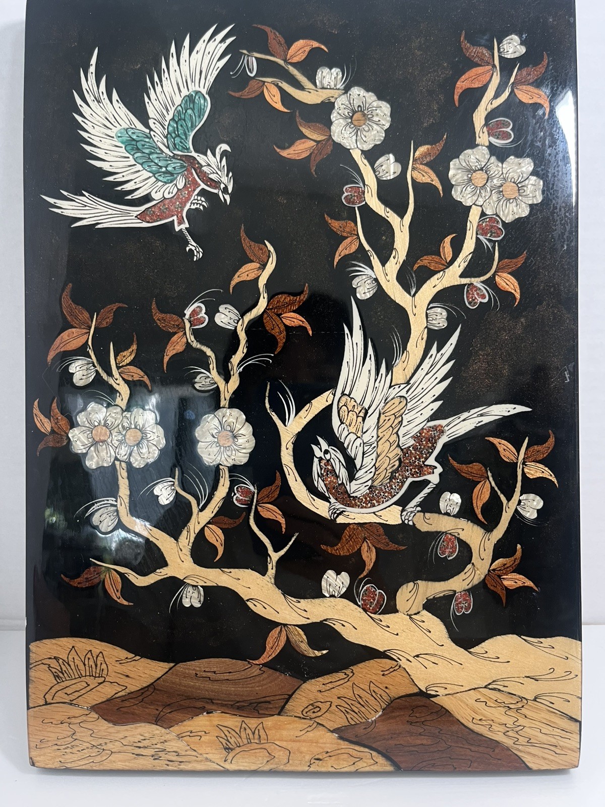 Vintage  Lacquer Miniature Art 10” x 13.5"  Birds Picture Inlaid Wood