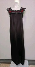 Vintage Spotlight Black Full Nightie Lace Sweetheart Neck Red Satin Bow Med EVC