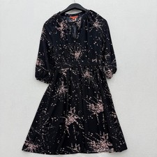 Modcloth Size S Small Black Pink Floral Midi Dress V Neck 3/4 Sleeve Casual