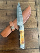 9" CUSTOM HANDMADE DAMASCUS BURNT BONE HANDLE KNIFE WITH LEATHER SHEATH 110