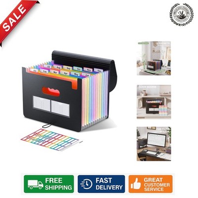 Elegant 12-Pocket Accordion File Organizer - Expandable & Colorful Tabs, Black