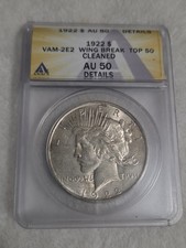 1922 VAM-2E2 WING BREAK TOP 50 CLEANED PEACE DOLLAR AU50 DETAILS