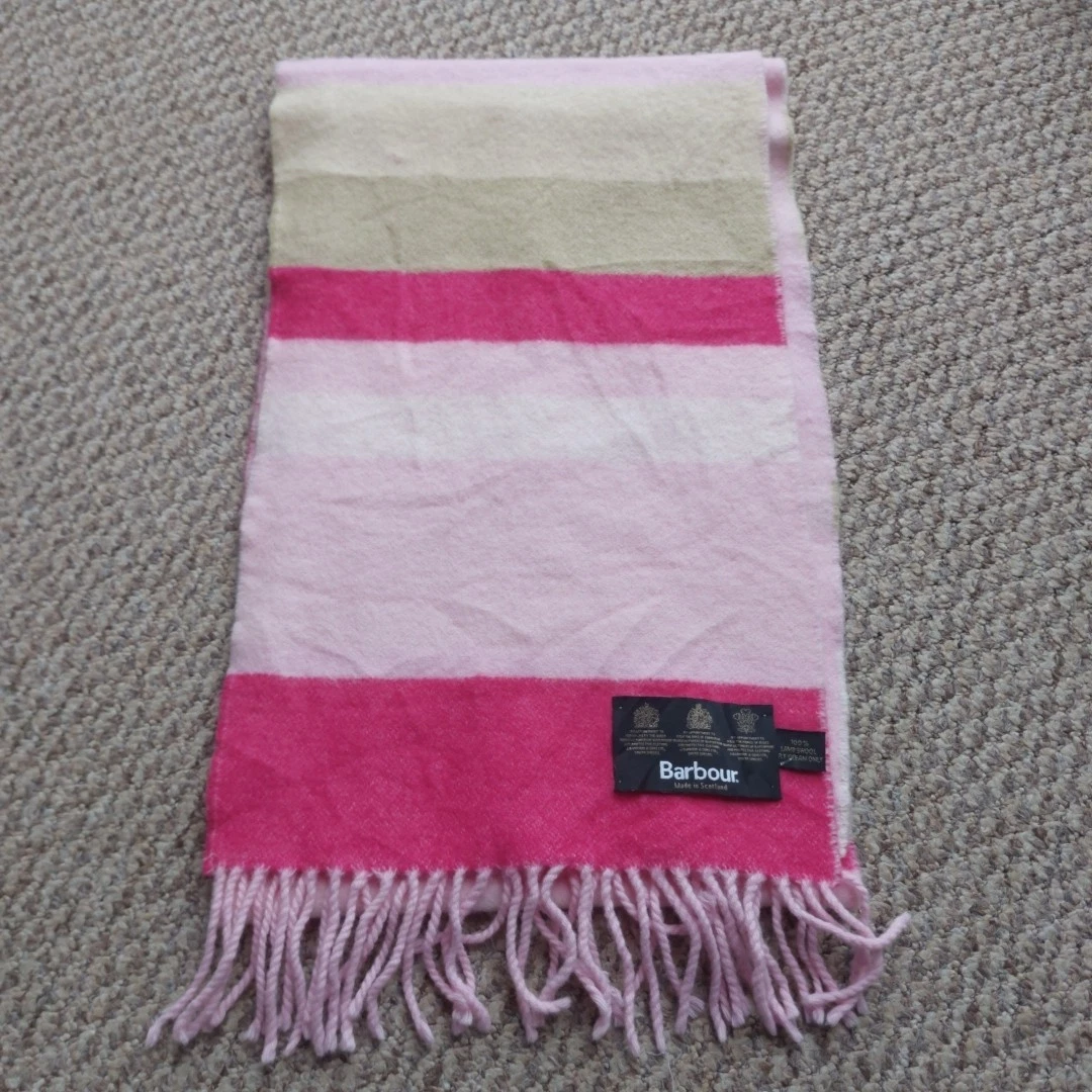 Barbour Scarf 100% Lambswool Striped Scarf Winter Pink Red 66" Used