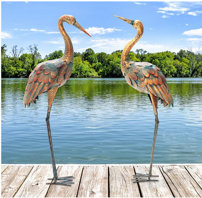 Crane Garden Statues, Standing Metal Crane Sculptures Bird Ornament Yard Decorat