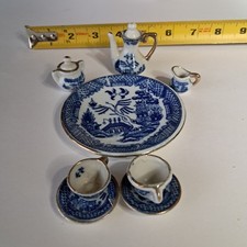 Miniature 1:12 Porcelain Blue White Gold Tea  Coffee Set 6-Piece Dollhouse