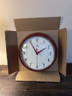 Infinity Instruments Retro Wall Clock Red Metal Quartz Movement Chrome Trim Ring