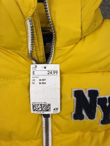 H&M Vest Youth 8-10 Yellow Hooded Puffer Sleeveless NY Patch Jacket New - Picture 2 of 7