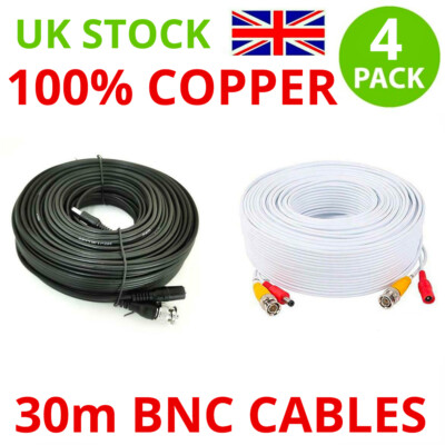 4 Stück 100 Fuß 30 m schwarz BNC CCTV-Stromkabel passend für Heimüberwachungskamerasystem UK