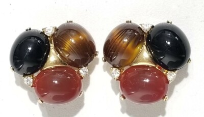 Rare Ciner Gripoix Glass Cabochon & Rhinestone Cluster Clip On Earrings
