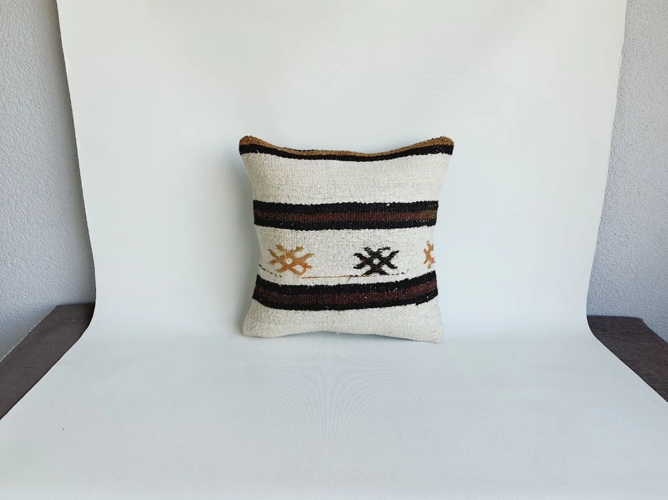 16x16 Wool Embroidered Hemp Pillow Cover , Natural Turkish Pillow Case , 16x16 - Image 2 of 4