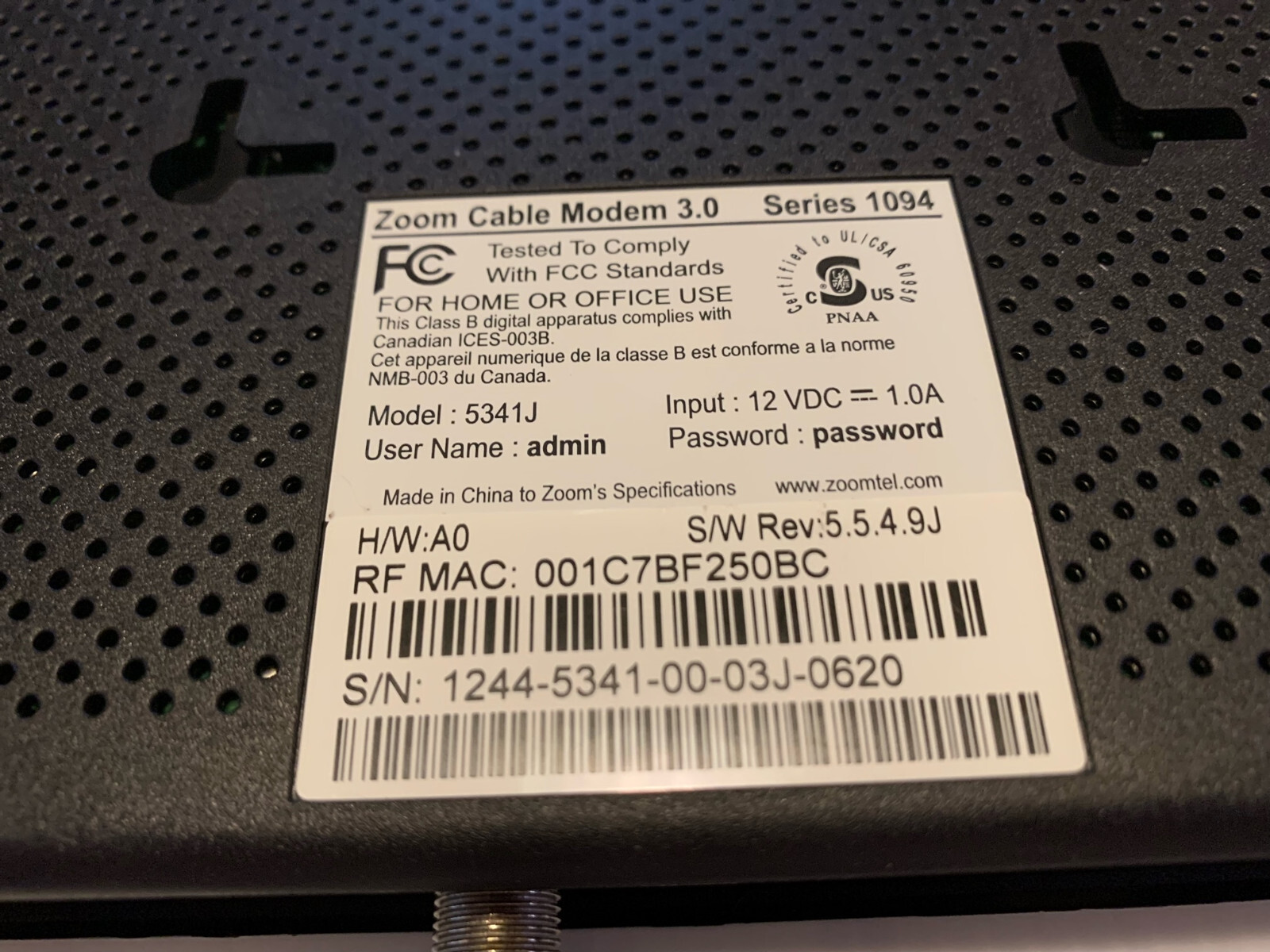 Cable Modem Zoom 343 Mbps DOCSIS 3.0 Model 5341J Series 1094 Works