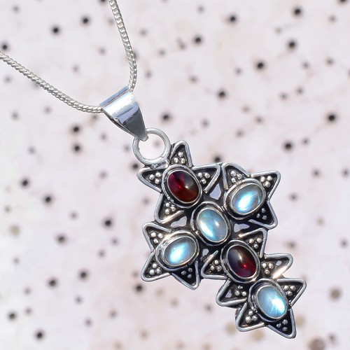 Blue Labradorite, Red Garnet Gemstone 925 Sterling Silver Cross Festival Pendant - Picture 2 of 7
