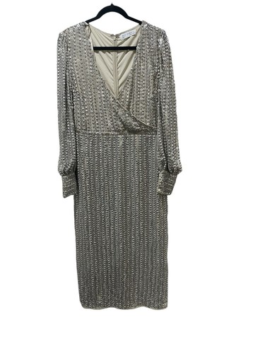 Mac Duggal 10809 Silver Beaded Sequined V Neck Long Sleeve Midi Dress Size 12 - Picture 3 of 12