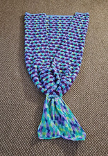 Handmade Crochet Knit Afghan Mermaids Tail Snuggle Blanket 39" Scales Fin Teal