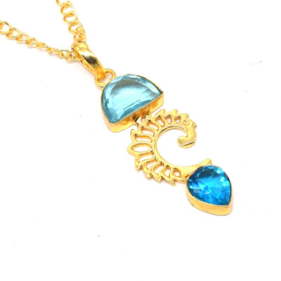 Blue Topaz Quartz Gemstone Gold Plated Jewelry Chain Unique Pendant 2'' m059
