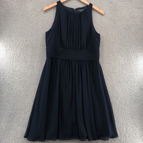 Lauren Ralph Lauren Dress Womens 16 Navy Evening Knee Fit & Flare Pleated Formal