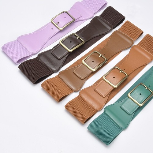 Real Leather Waist Belt Gold Buckle Elastic Waistband Dresses Jumpsuit Coat Belt - Picture 3 of 30