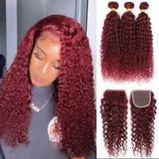 Water Wave Human Hair Bundles with Closure (10 12 14+10) Burgundy Brazilian Virg