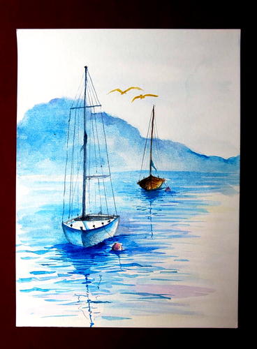 Peinture aquarelle voiliers paysage marin dessin papier original art déco - Photo 4 sur 5