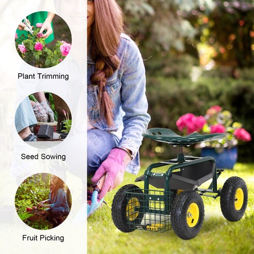 Rolling Garden Cart Work Seat with Wheel 360 Swivel Tool Tray Gardening Stool - Picture 5 of 10