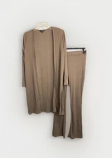 Fashion Nova Women’s S 2 piece Flare Pants Cardigan Set Brown Knot Ribbed