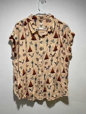 Cotton Rye Outfitters Shirt Women's Sz XXL Cactus Bird Teepee Print Southwestern