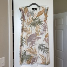 Tahari Womens XS 100% Linen Tropical Leaf Print Shift Dress Ruffle Sleeve V Neck