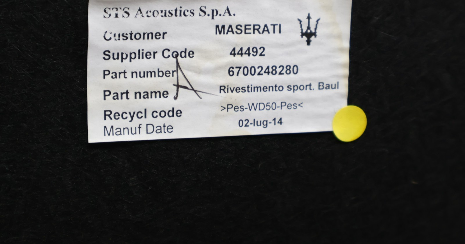 2014 - 2020 MASERATI GHIBLI TRUNK DECK LID LINER TRIM COVER PANEL OEM