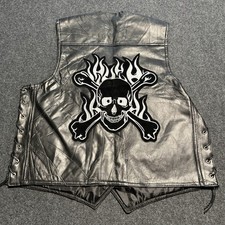 Diamond Plate Buffalo Leather Vest Mens L Biker flaming skull bad bone Patches