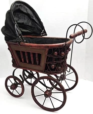 Babby Doll Buggy Carriage Wicker Rattan Metal Spoke Wooden Wheels Canopy 22"