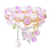 Butterfly Crystal Bracelets for Women Teens, Purple Beaded Stretch Stackable Boh