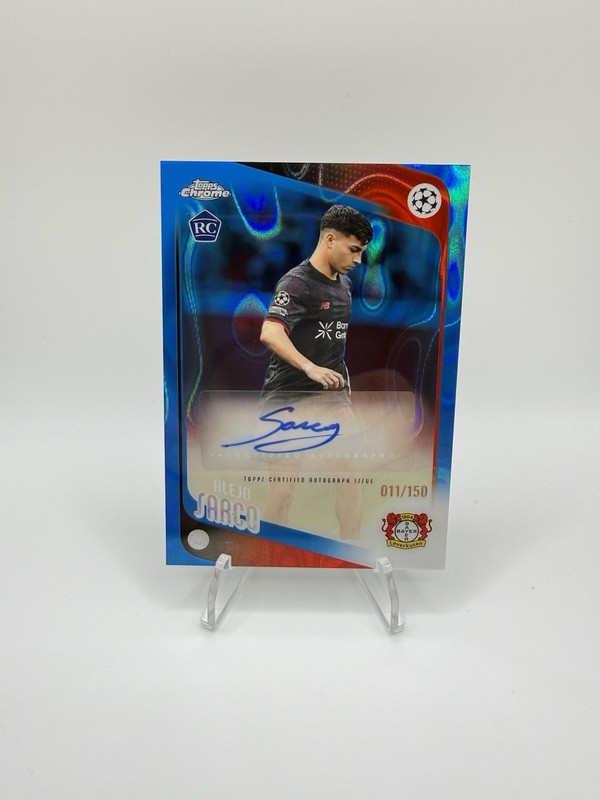 2025-26 Topps Chrome UEFA Alejo Sarco RC Auto Blue Refractor /150 Leverkusen