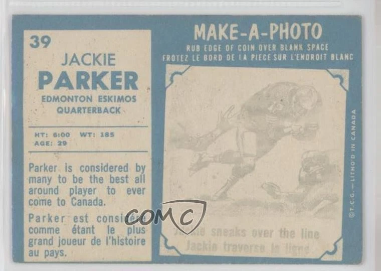 1961 Topps CFL Jackie Parker #39 Rookie RC - Image 2 of 2