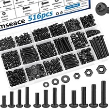 516Pcs Black Nuts and Bolts Assortment Kit 21-Sizes M3/M4/M5/M6 Nut Bolt Washer