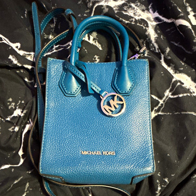 Michael Kors Blue Mini Satchel Top Handle, Pebbled, Detachable Strap, Magnetic