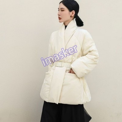 Women's Belt Buckle Mid Long Down Jacket Fashion Slimming Thicken V-neck Jacket