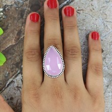Natural Pink Chalcedony 925 Sterling Silver Boho Statement Handmade Women Ring