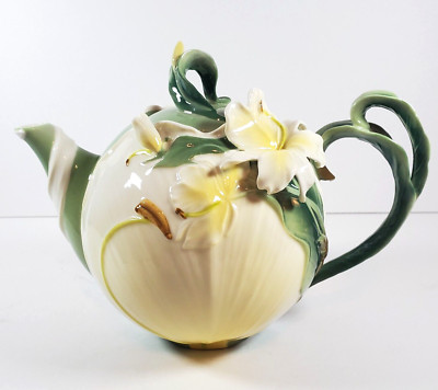 Pier 1 Imports Ginger Lily Teapot 3D Floral White/Green Porcelain Hand Painted