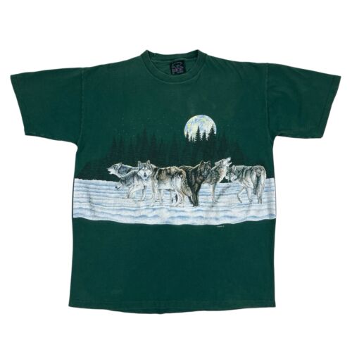 VTG 1991 Habitat Green Wolf Pack Moon T Shirt Nature Single Stitch USA Size L