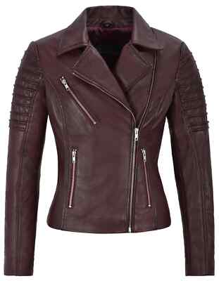 Handmade Stylish Casual Women's Jacket Burgundy Leather Lambskin Motorcycle Soft