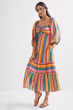 Anthropologie Farm Rio Rainbow Stripe Midi Dress Size XS