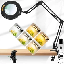 12X Magnifying Glass with Light, Ultra Long 3 Section Swing Arm LED Desk Lamp...