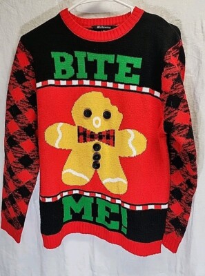 #followme Womens Ugly Christmas Sweater Gingerbread Man ''Bite Me'' Knit