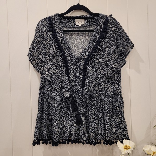 SEED HERITAGE Size 10 Navy Paisley Boho Flutter Frill Sleeve Top Blouse Womens