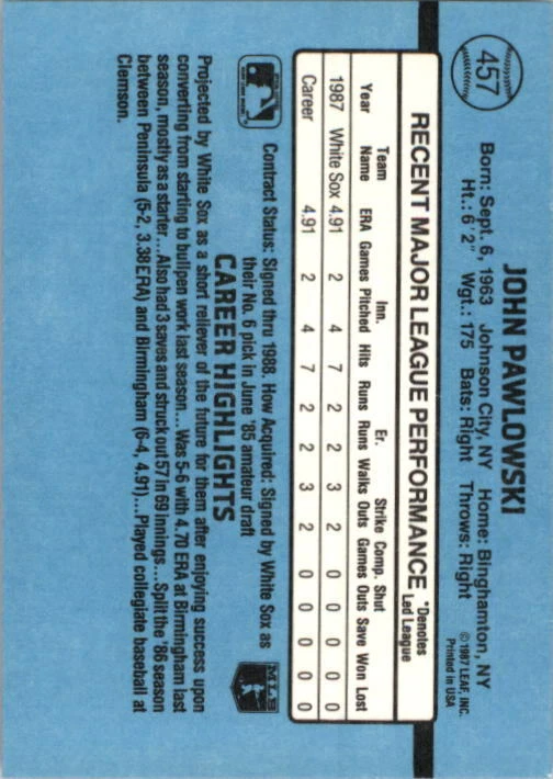 1988 John Pawlowski Donruss Baseball Card #457 - Image 2 of 2