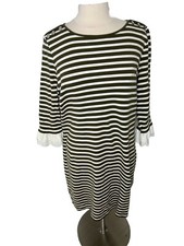 Talbots Women's Size XL Sheath Dress Olive Green & Ivory Striped Knee Length