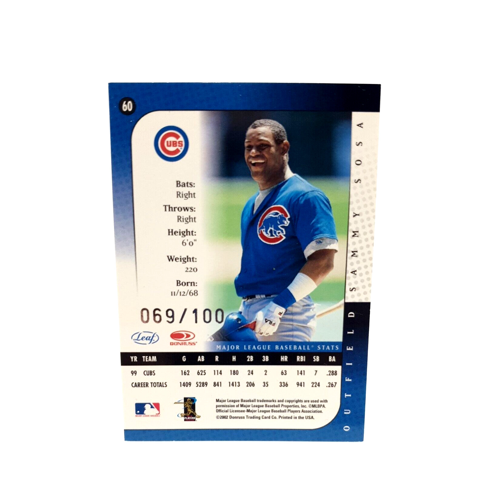 2002 Leaf Century Lineage 69 of 100 Sammy Sosa 60 Chicago Cubs Baseball Card