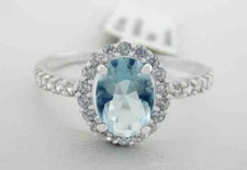LAB CREATED AQUAMARINE & WHITE SAPPHIRES LADIES RING .925 Sterling Silver - NWT