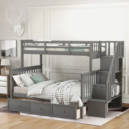 Full bunk bed with drawers best sale and stairs