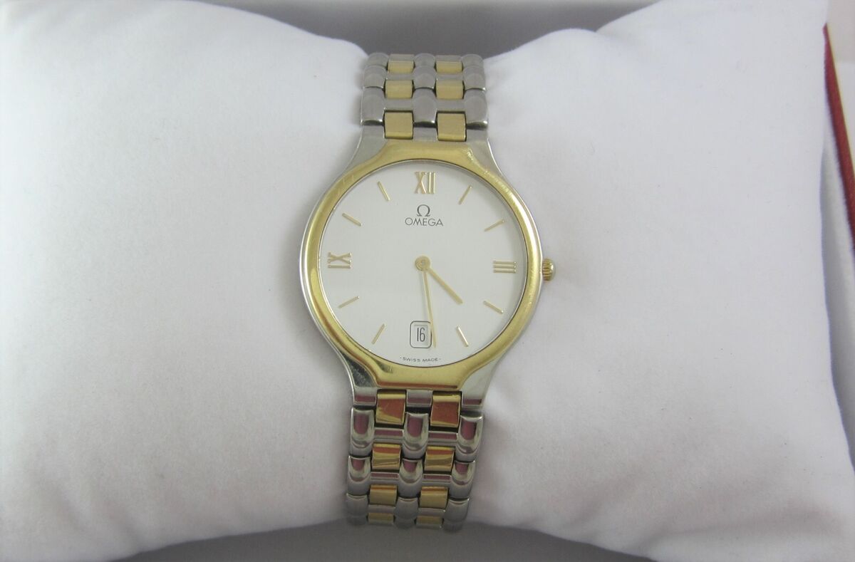 OMEGA DEVILLE SS & YG QUARTZ WATCH W/ WHITE DIAL, MODEL OMEGA DEVILLE SS & YG QUARTZ WATCH W/ WHITE DIAL, MODEL